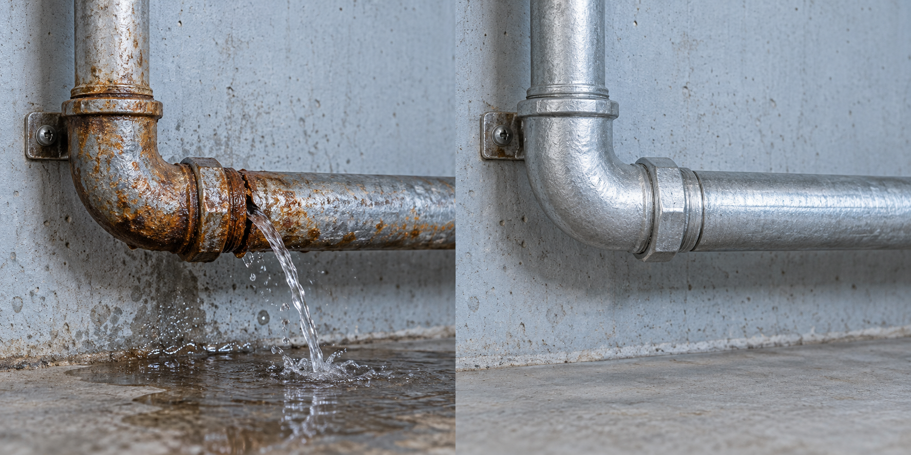 Before repair: a corroded elbow pipe with water leaking from a cracked joint.