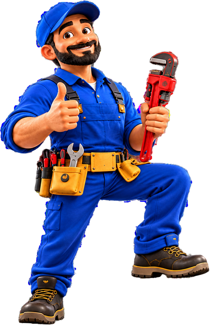 A friendly ClearFlow plumber resting his raised foot on a toolbox