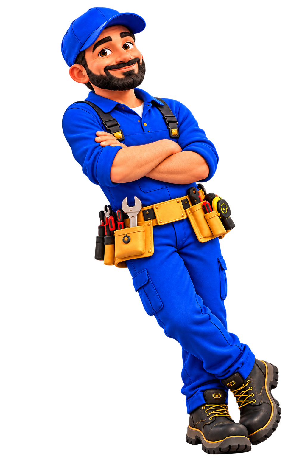 Our friendly plumber, arms folded and ankles crossed, leaning beside the promise card.