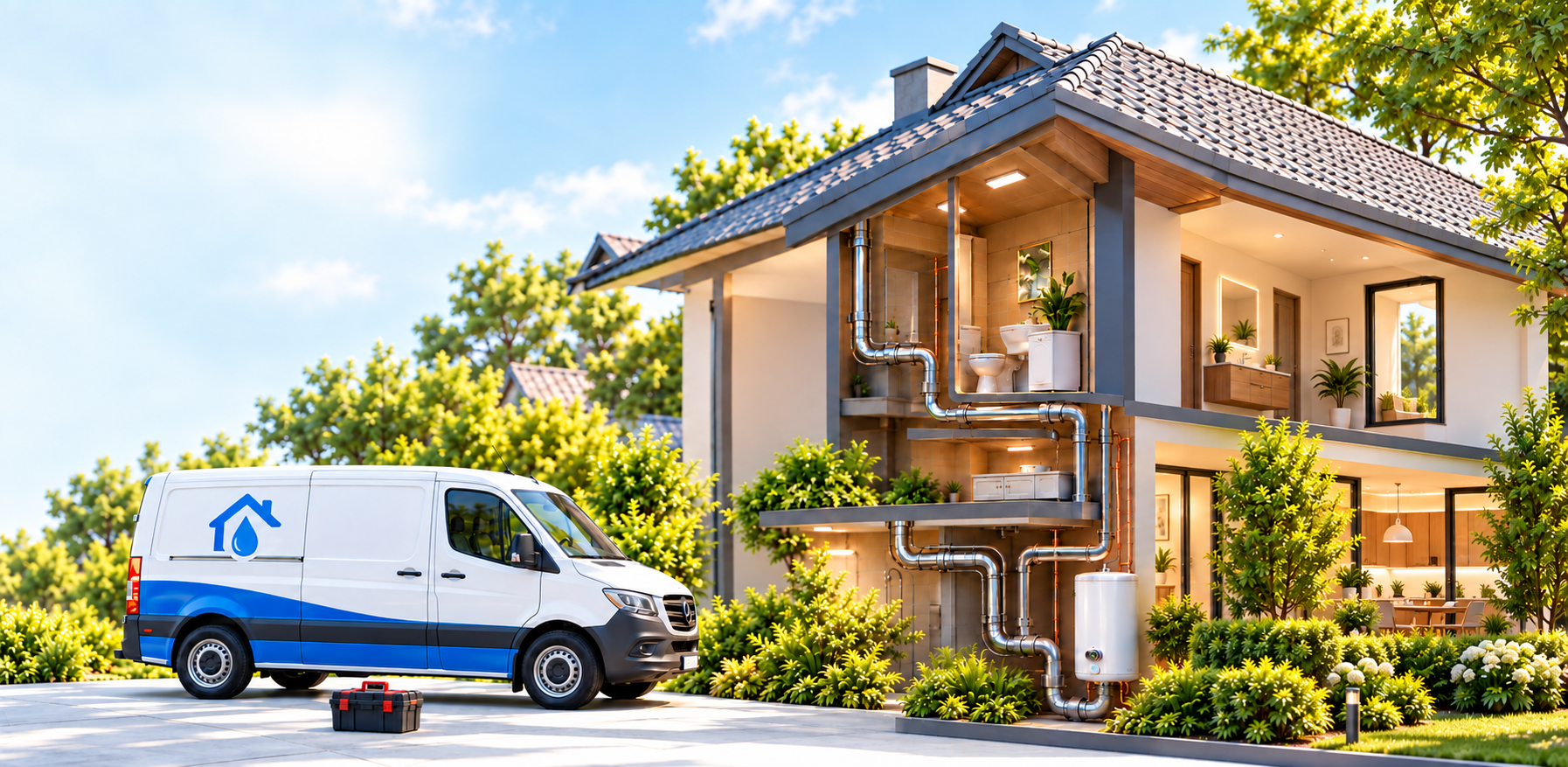 A blue and white plumbing van parked beside a cutaway home, with a toolbox on the driveway.