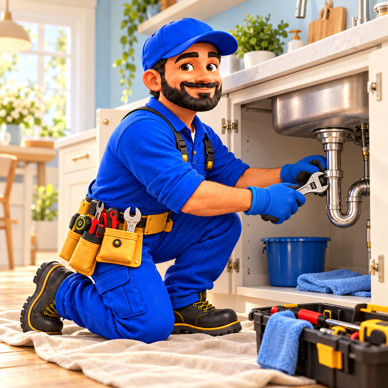 Our plumber character carefully checking a repair beneath a sink.