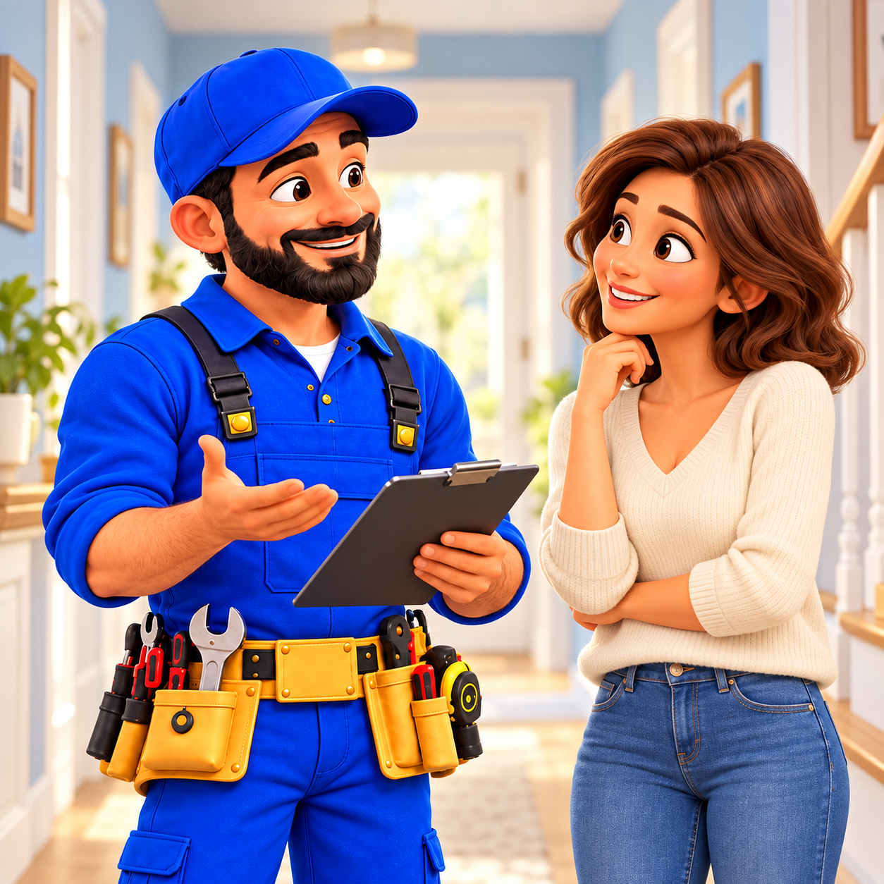 Our plumber character explaining the work to a homeowner.