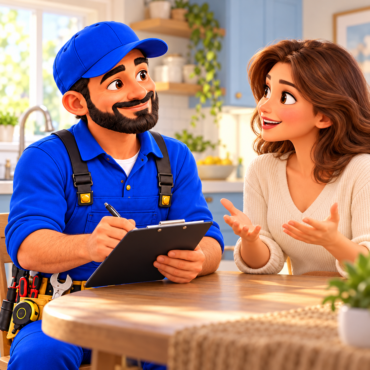 Our blue-uniformed plumber character listening to a homeowner.